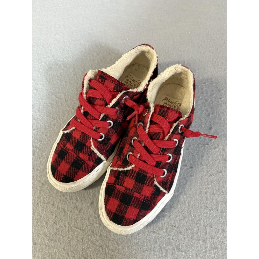 Blowfish Malibu Shoes Womens Size 6 Red Plaid Faux Fur Lined‎ Sneakers ZS001